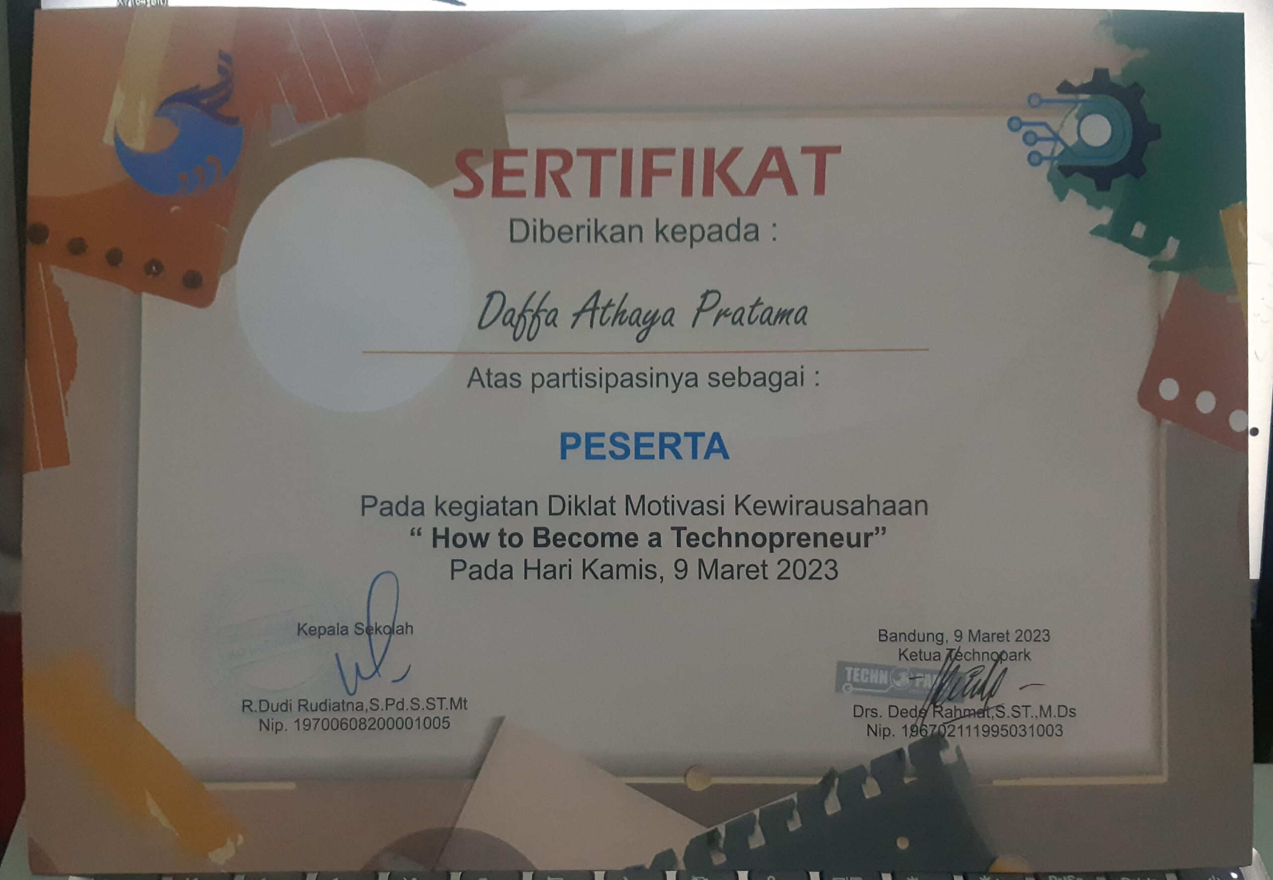 Certificate from Entrepreneurship Motivation Training activities