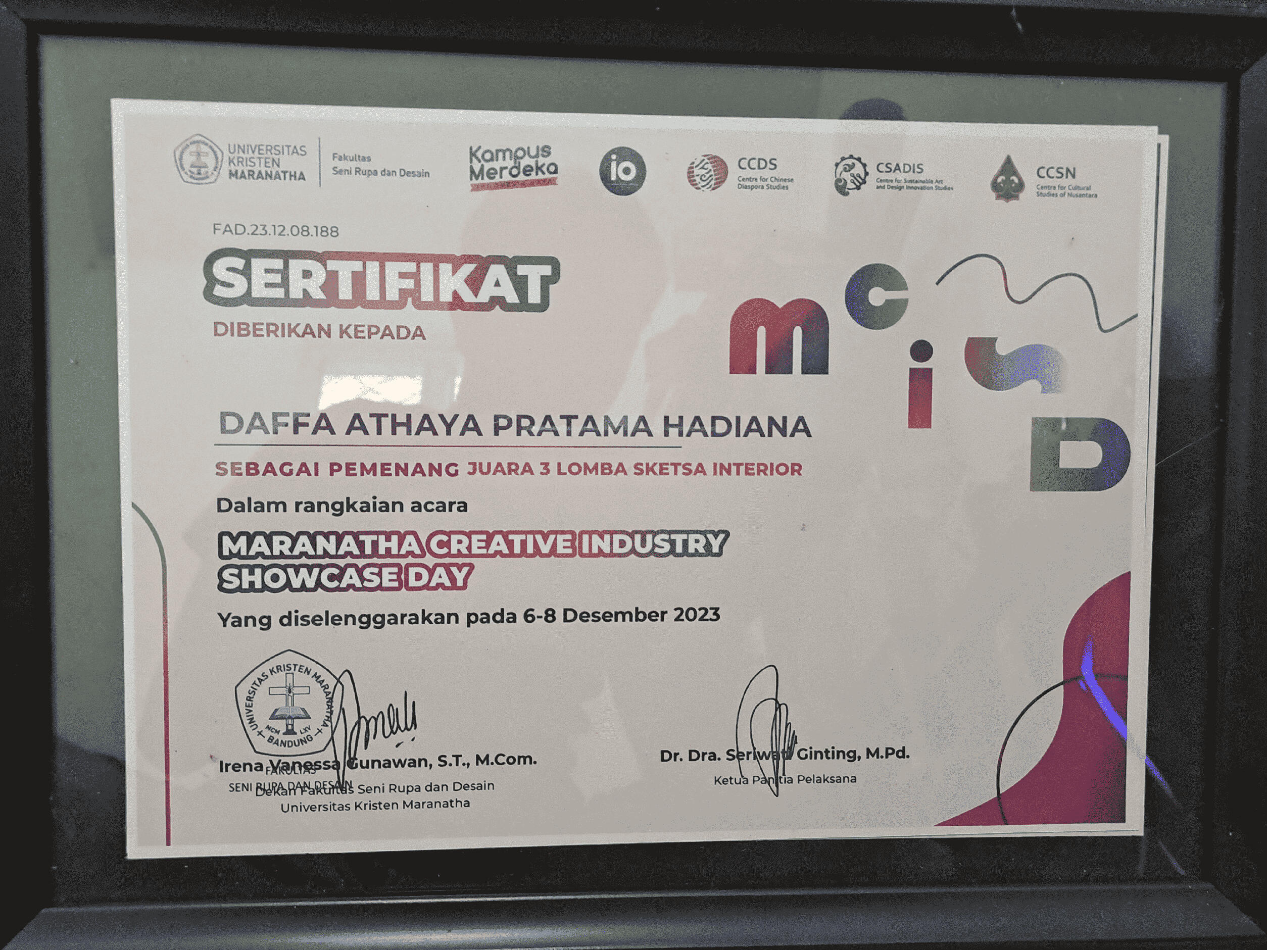 Certificate for 3rd place winner in the interior sketch competition at Universitas Kristen Maranatha